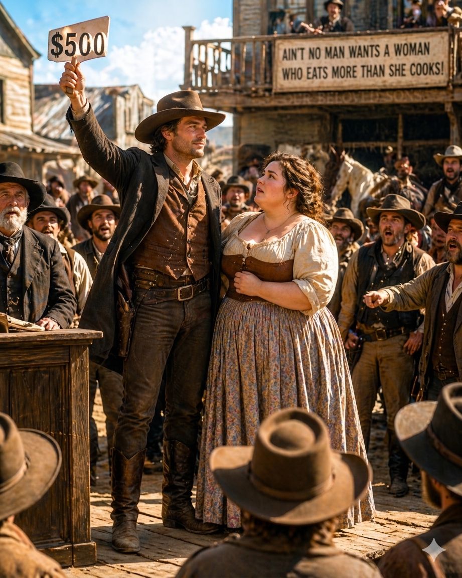 “Ain’t No Man Wants a Woman Who Eats More Than She Cooks,” They Jeered at the Auction — Then Caleb Harper Paid Five Hundred Dollars and Said, “She’s Worth More Than Gold to Me”