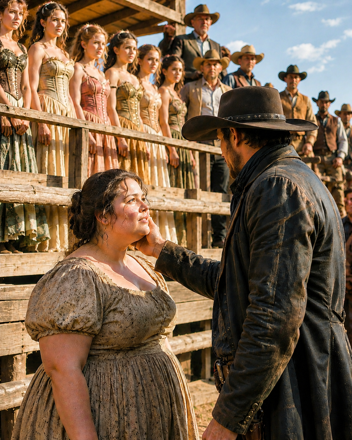 Her father offered his daughters like they were livestock — The quiet cowboy walked past the pretty ones and chose the one nobody had ever chosen
