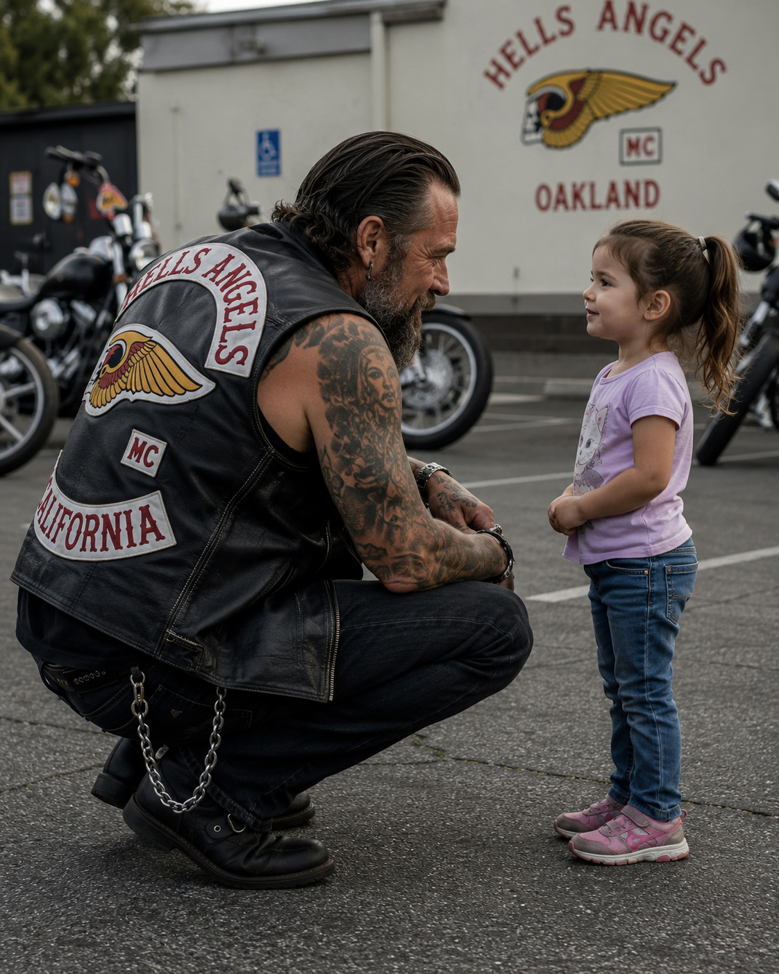 Hell Angel Asked the Little Girl Who Gave Her Those Bruises — The Moment She Said “My Dad,” Every Laugh in the Parking Lot Disappeared