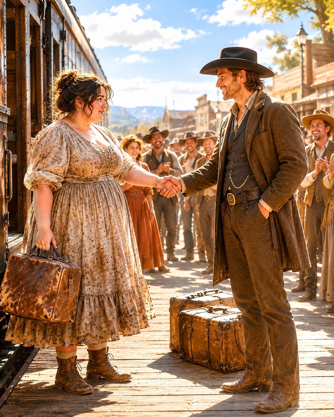 She Stepped Off the Train in a Faded Dress and Cracked Boots and the Whole Town Laughed—But the Man She’d Never Met Shook Her Hand First and Said “I’m Glad You’re Here”