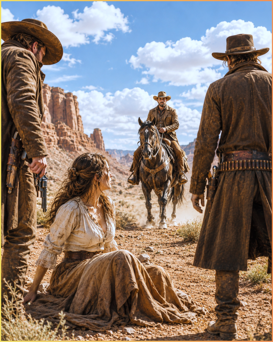 Three Outlaws Had Her Cornered in the Dust—He Rode Over the Ridge and Said “My Ranch Is an Hour North. You’re Coming With Me.”