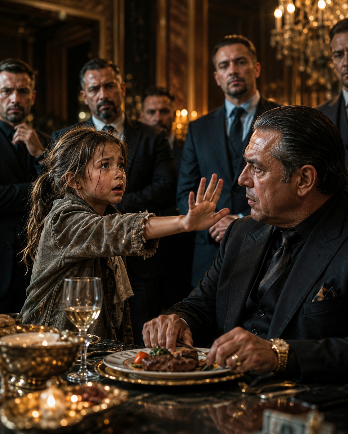 A homeless little girl burst into a mafia boss’s private dinner and begged him not to eat his meal — but her warning exposed a betrayal that had been hidden for seventeen years.