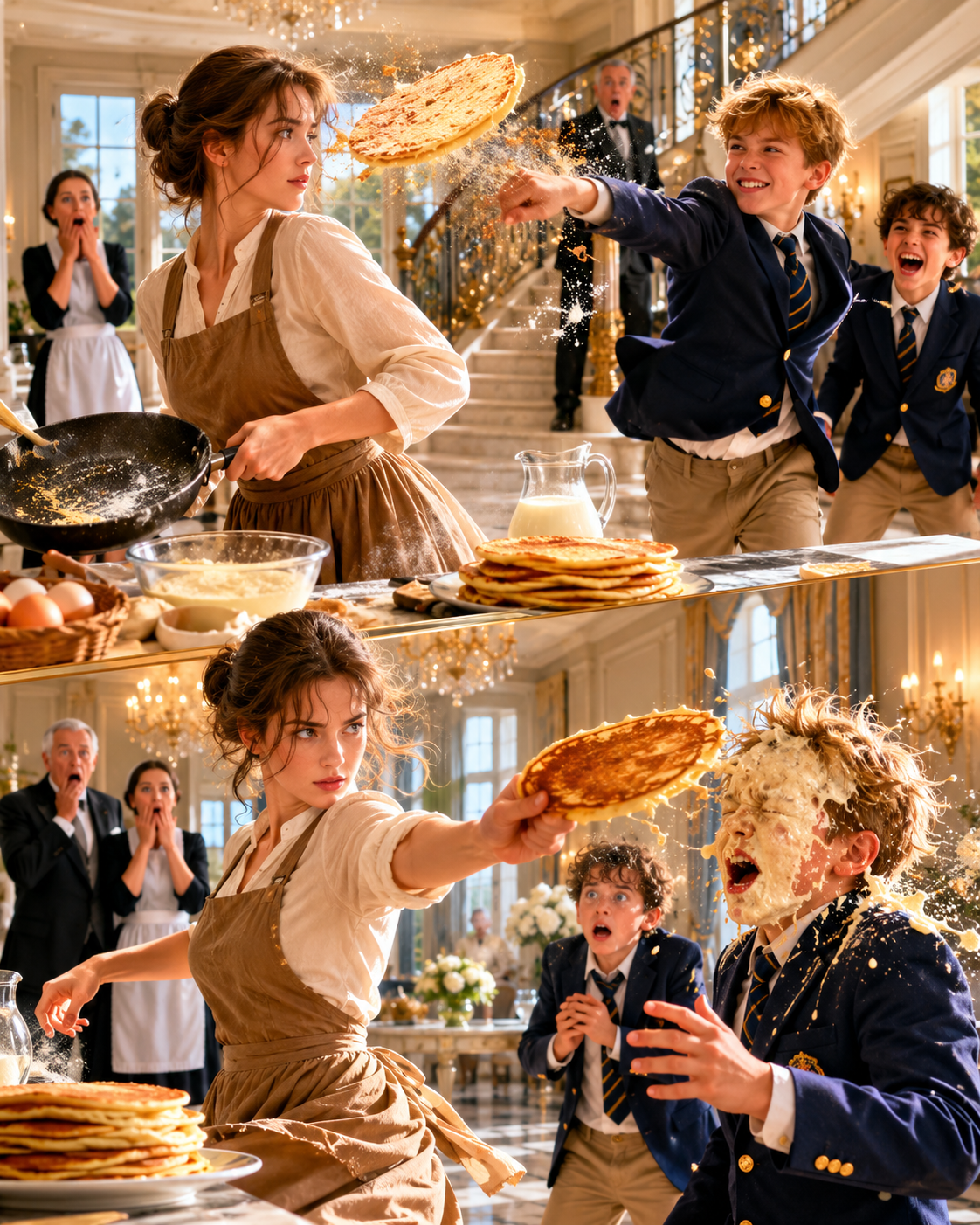 The billionaire’s sons tried to humiliate the new nanny with a flying pancake… Her response stunned the entire mansion.