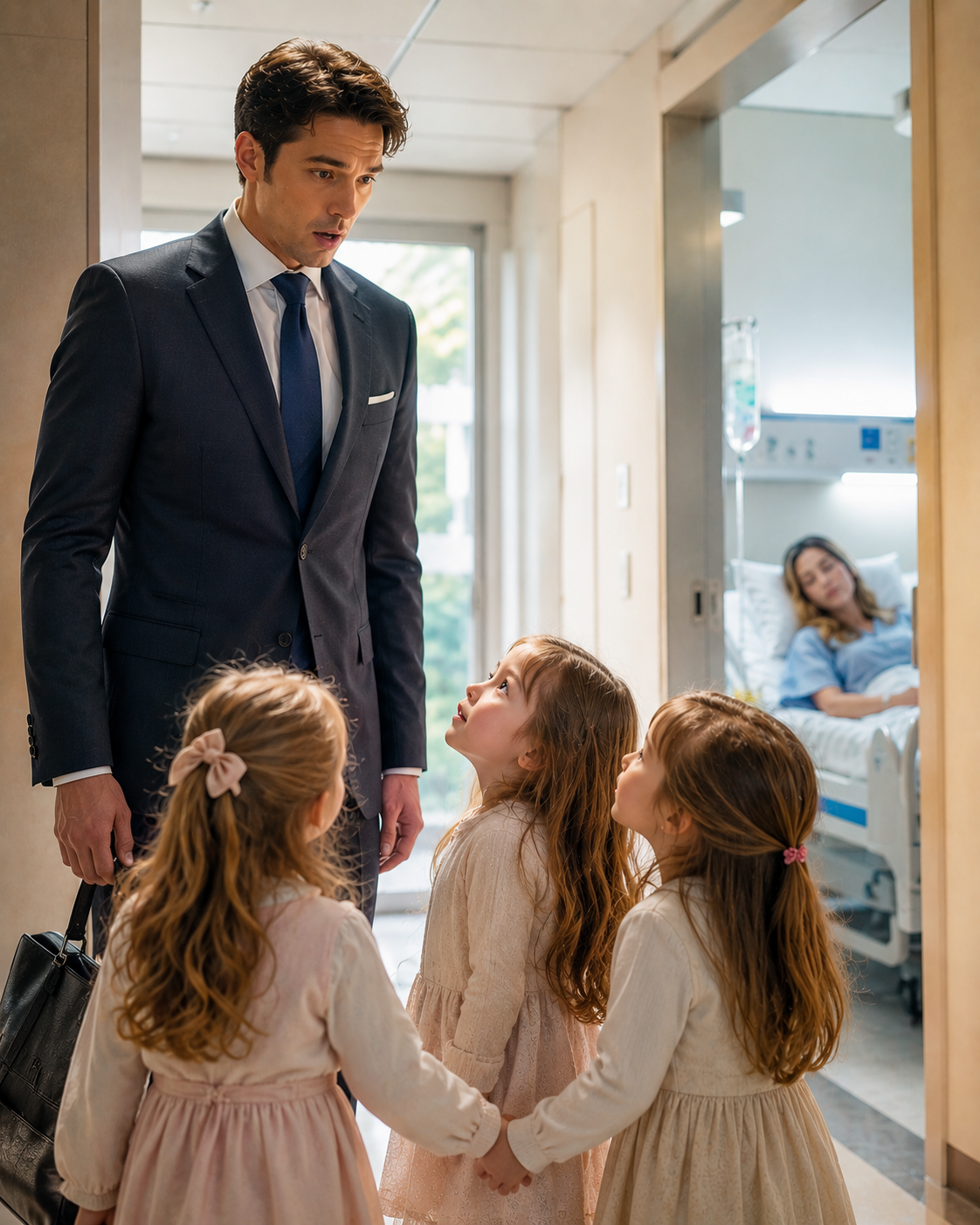 The CEO walked into the hospital expecting to see his ex — and found three little girls outside her room. Then one of them looked up and asked: “Are you our dad?”