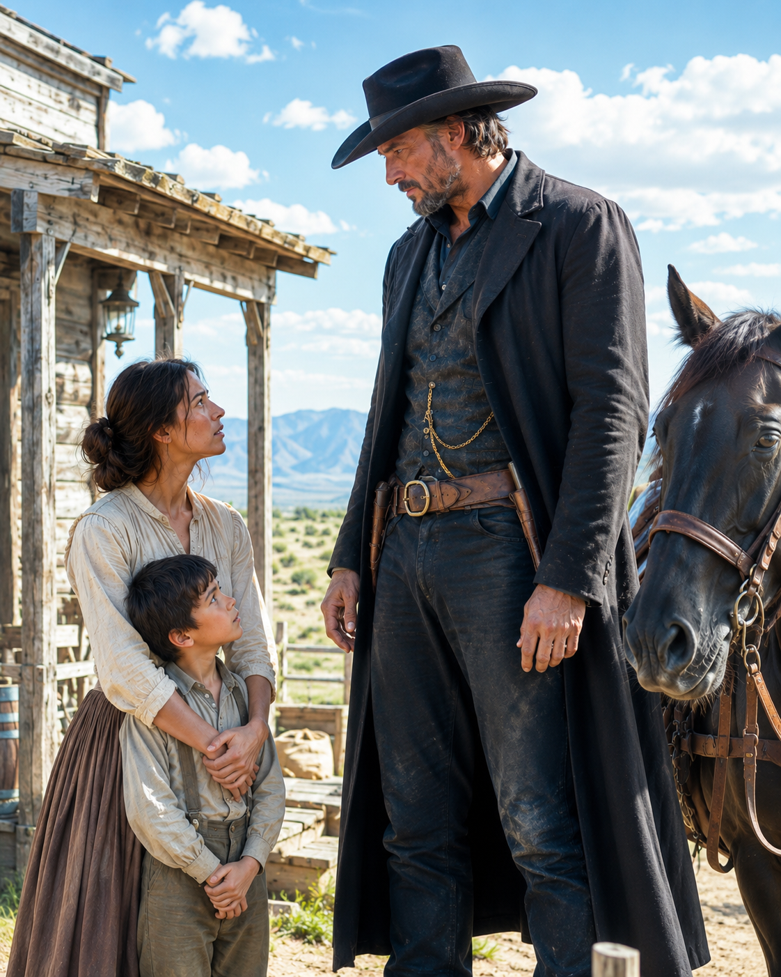 A struggling widow watched a giant stranger dismount — Then he said she’d carry his son by winter