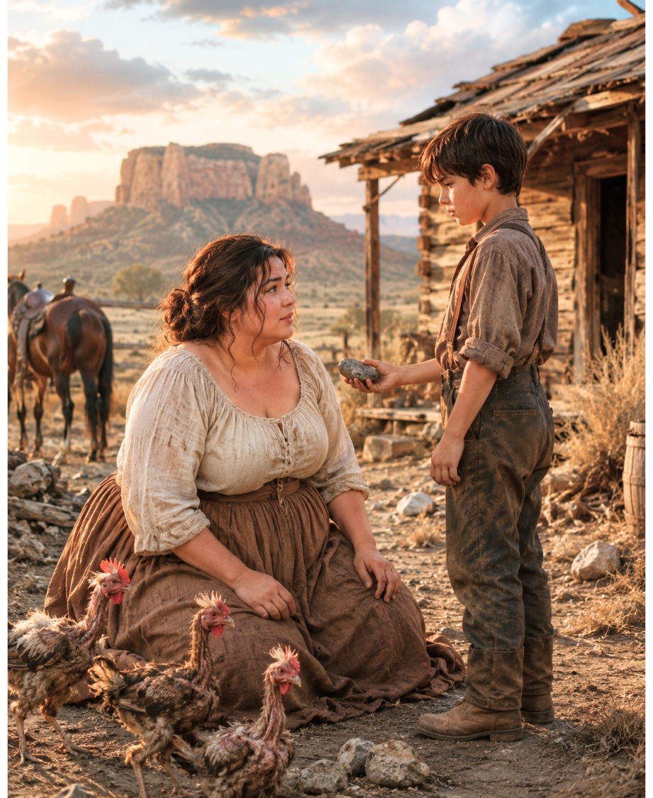 She Was Sent Away With Three Skeletal Hens and a Ruined Cabin — Then a Widower’s Silent Son Handed Her a Stone and Everything Changed