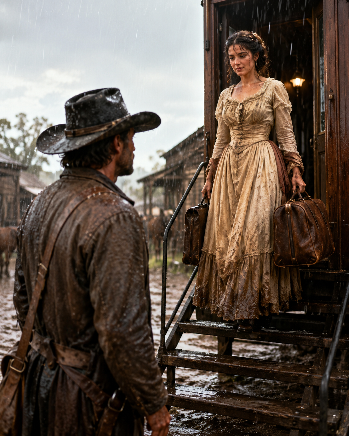 A rancher who hadn’t spoken to a woman in years stood in the rain waiting for a mail-order bride—Then she stepped off the stage, looked at his hands first, and said “I’m ready” like she was bracing for the worst