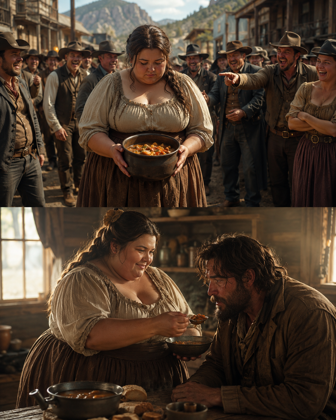 The town laughed at her size — until one bowl of stew changed a mountain man’s life forever