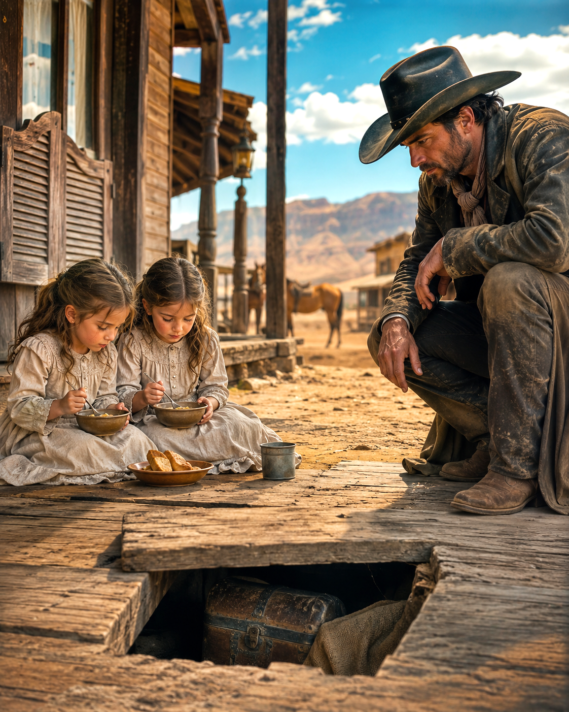 Every Morning 2 Twin Girls Ate Behind the Saloon—Until a Grieving Cowboy Followed Them and Found the Truth Buried Under Their Floor
