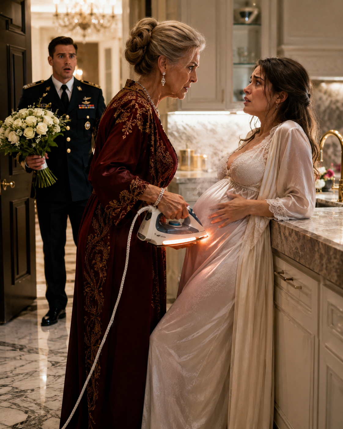 My Billionaire Soldier Husband Came Home Early With Flowers — But Found His Pregnant Wife Trapped in the Kitchen While His Mother Held a Burning Iron Near Her Belly