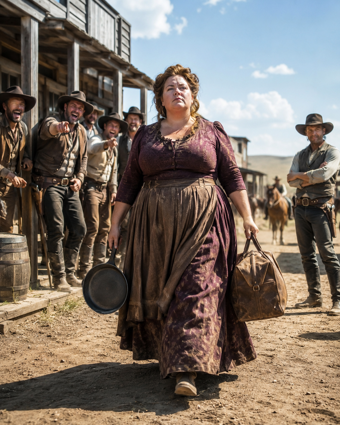 They Laughed at the Fat Widow Carrying Only a Skillet—Months Later, She Saved the Ranch They Couldn’t